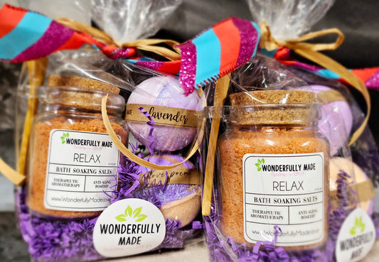 Relax bath gift bundle with purple ribbon, lavender bath bombs and soaking salts jars