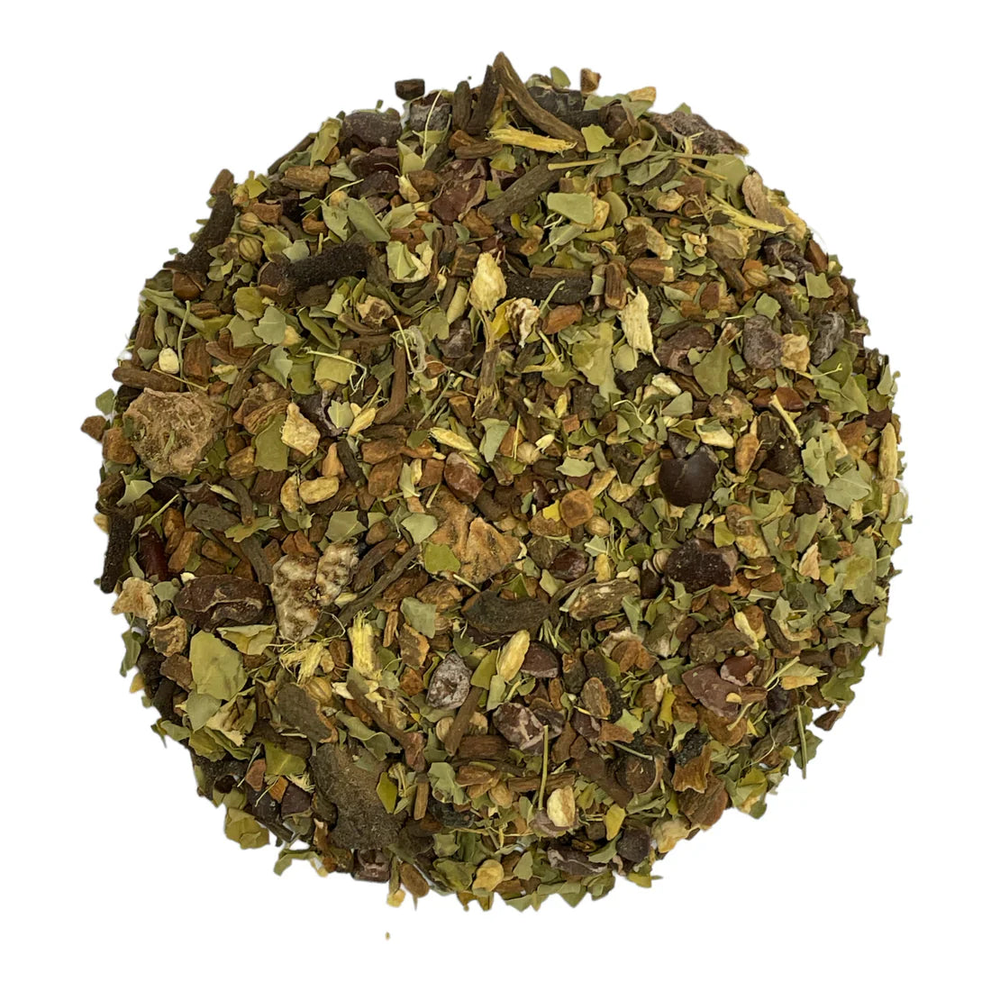 Herbal tea leaf blend mound with green and brown chopped pieces