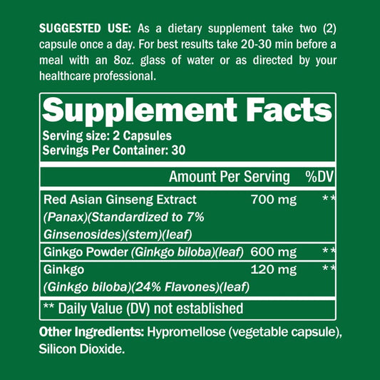 Ginkgo + ginseng supplement facts panel on green bottle back label