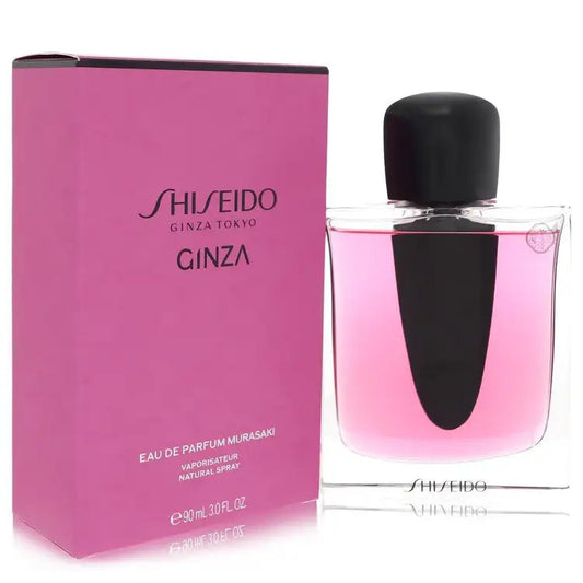 Shiseido Ginza Eau de Parfum spray bottle with black cap and pink liquid
