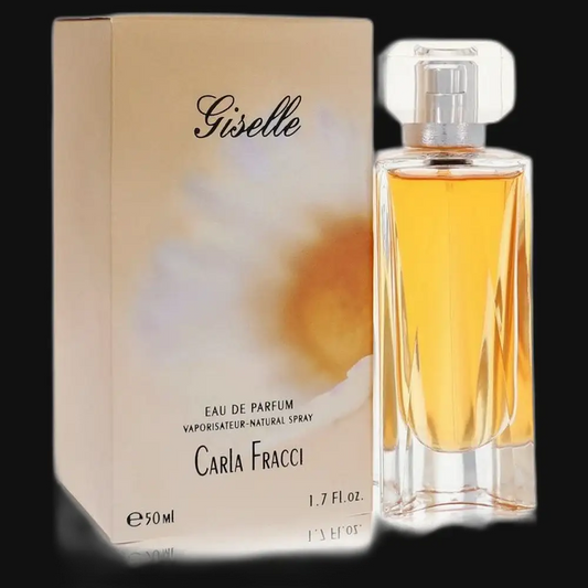 Eau de parfum set: cream box and clear bottle with pale gold liquid, 50 ml.