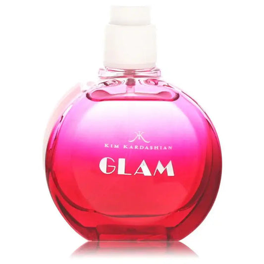 Kim Kardashian Glam perfume bottle, rounded pink glass with white spray top