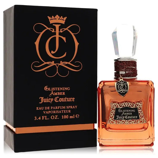 Juicy Couture amber eau de parfum spray bottle with decorative label and black box