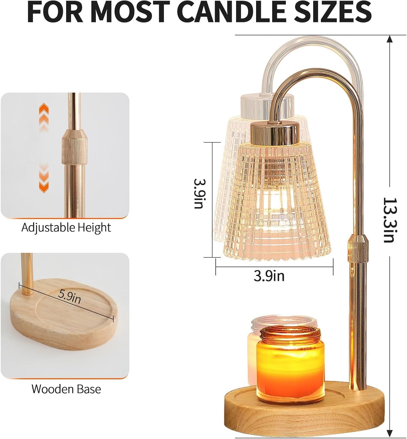 Gold Candle Warmer Lamp with Timer and Dimmer,Fragrance Electric Wax Melt Warmer with 2 Bulbs,Scented Jar Lamp,Mother's Day/Birthday/Christmas Gifts for Mom/Wife,Home Decor,Adjustable Height - Renee Lane Company