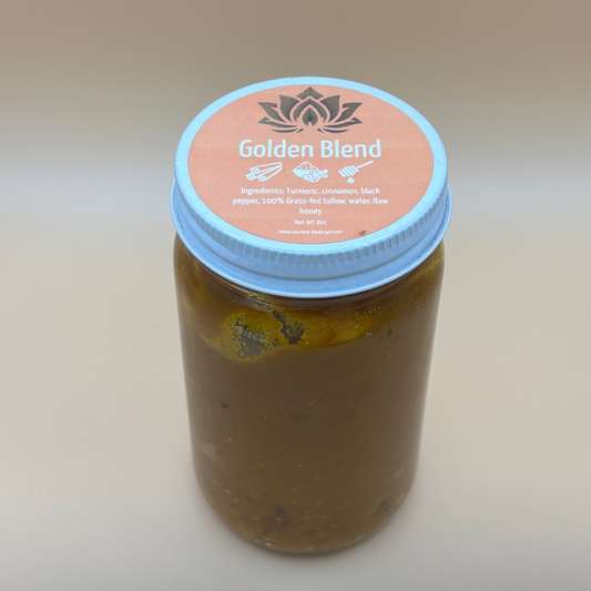 Turmeric blend jar with blue lid and printed label on top