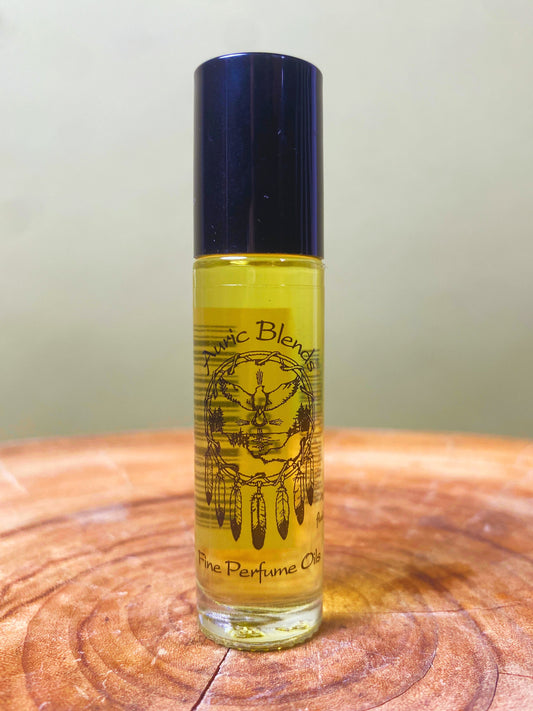 Roll-on perfume oil bottle with honey-gold liquid and dark blue cap