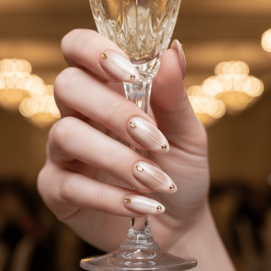 Nude press-on nails with small gold studs, oval shape