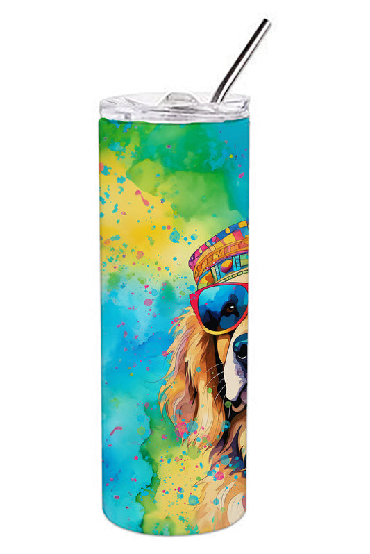 Insulated skinny tumbler with colorful golden retriever artwork, clear lid and straw