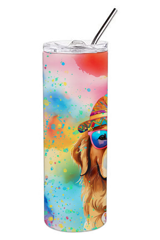20 oz skinny stainless tumbler with lid and straw, colorful golden retriever artwork