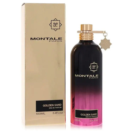 Montale eau de parfum bottle with gold cap and star tag, pink base in beige box