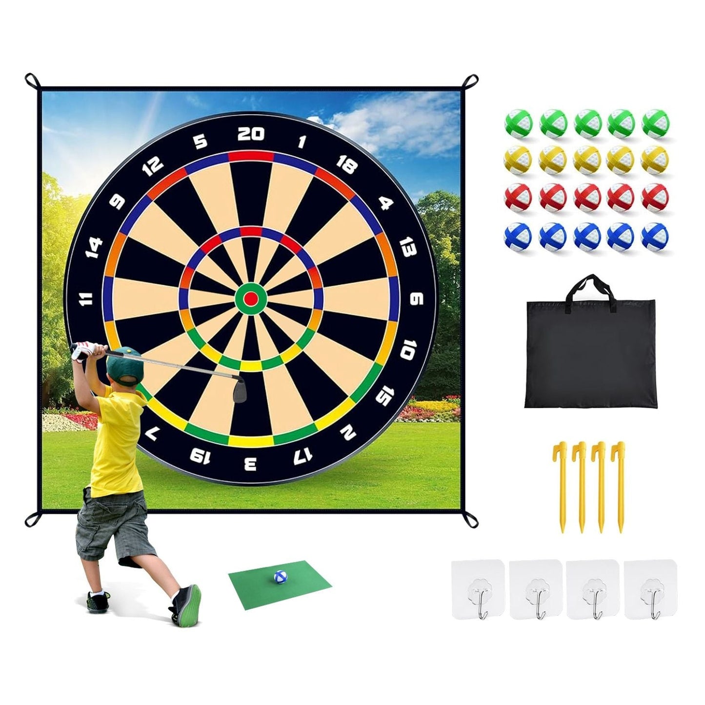 Golf Chipping Dart Game Mat Set With 20 Sticky Balls Ground Stakes Hanging Hooks Carrying Bag Indoor Outdoor Golf Hitting Training Game Mat For Kids Beginners - Renee Lane Company