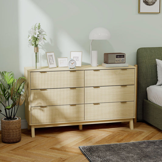 HOMCOM 6 Drawer Double Dresser for Bedroom, Fluted Chest of Drawers with Gold Finger Pulls and 5 Wood Legs, Natural Wood - Renee Lane Company