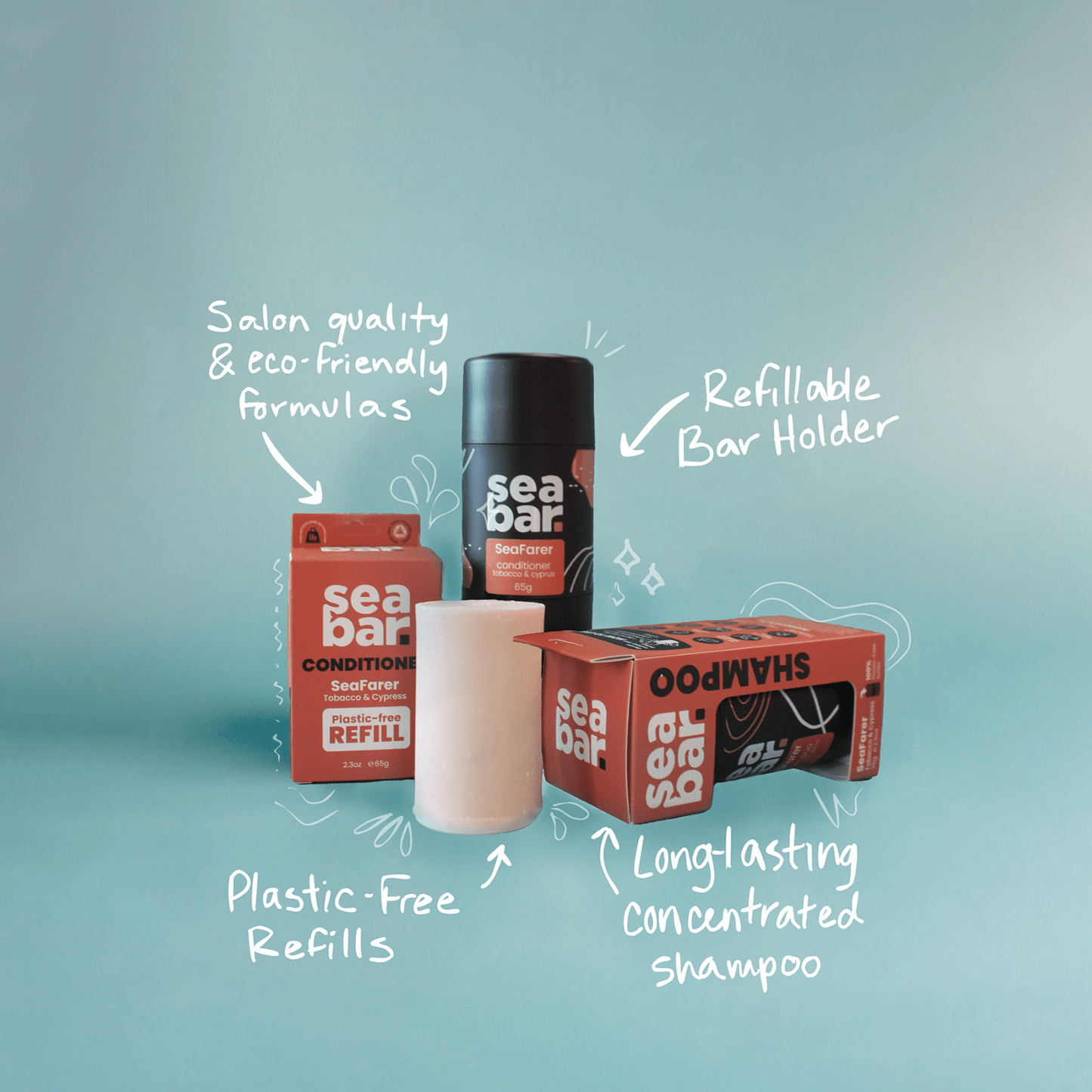Refillable shampoo bar setup with bar holder and refill pack, plastic-free