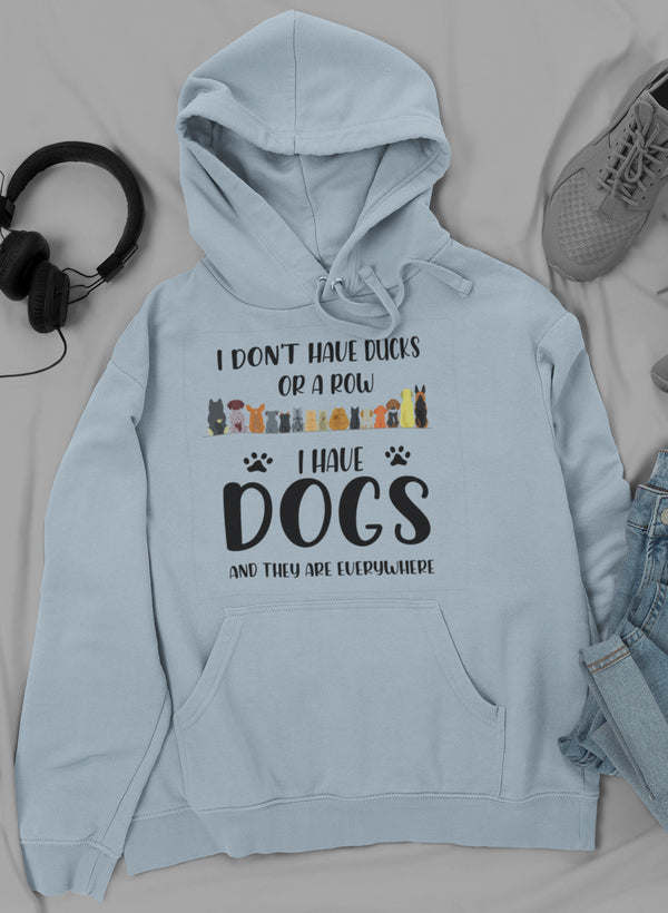 Light blue pullover hoodie with kangaroo pocket and drawstring hood, dog graphic
