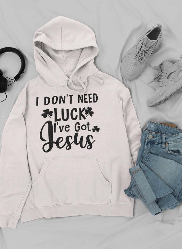 Light gray pullover hoodie with drawstring hood and front slogan graphic