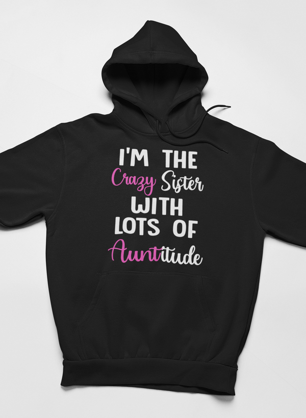 Black hoodie with front graphic text, hood, and kangaroo pocket
