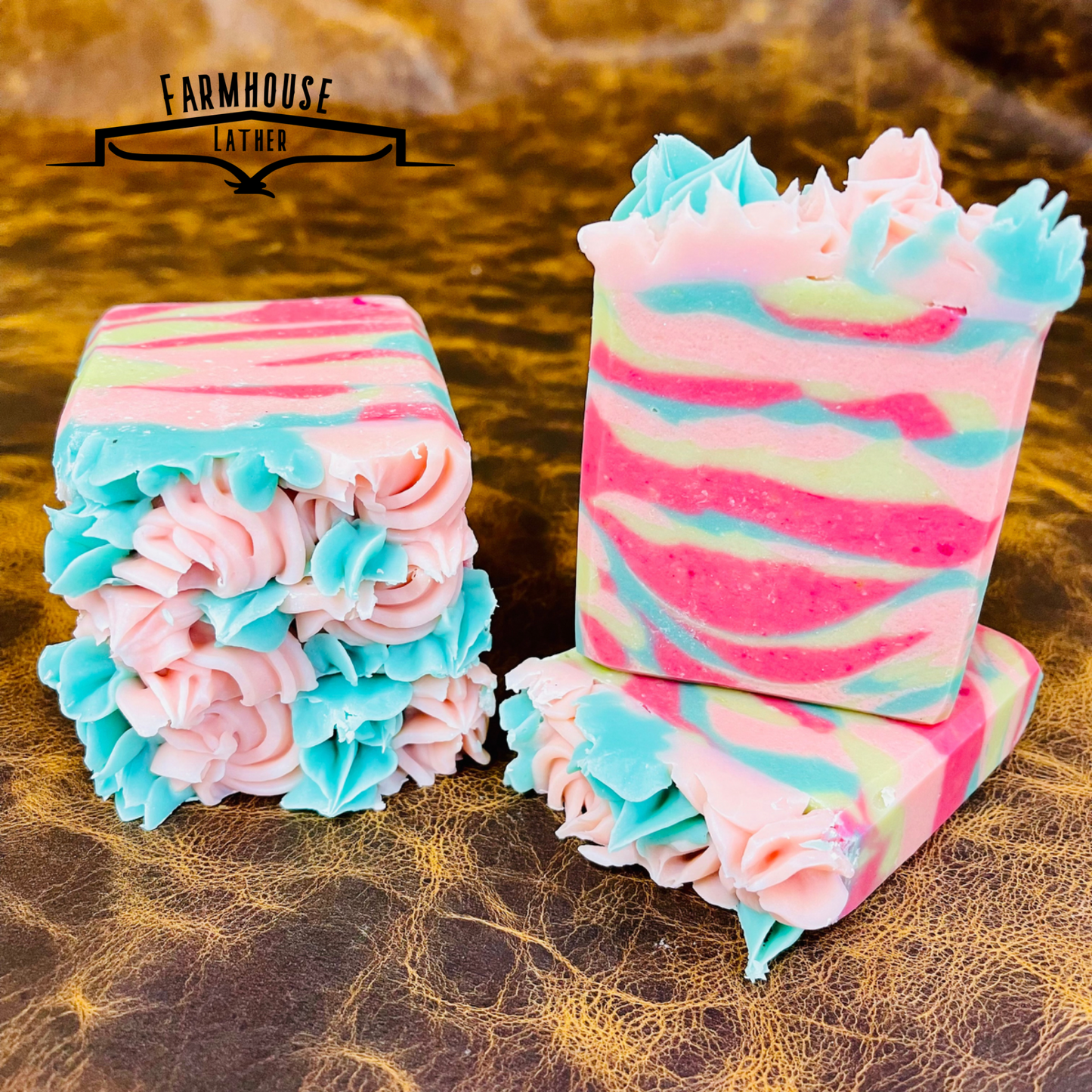 Country Garden soap set of striped bars with blue, pink, and white ruffle tops