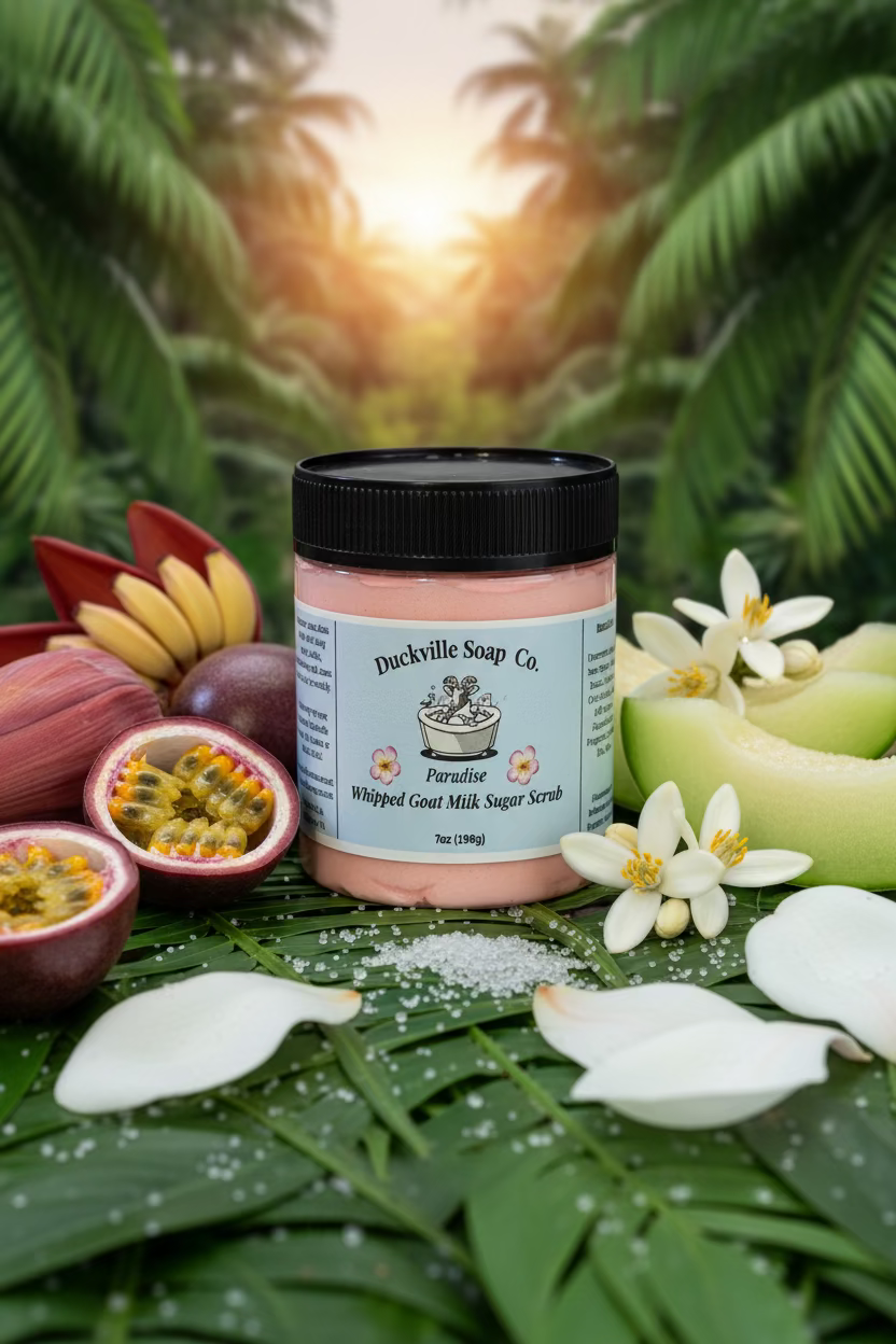 Whipped goat milk sugar scrub jar, Paradise label, black lid, pale pink flakes