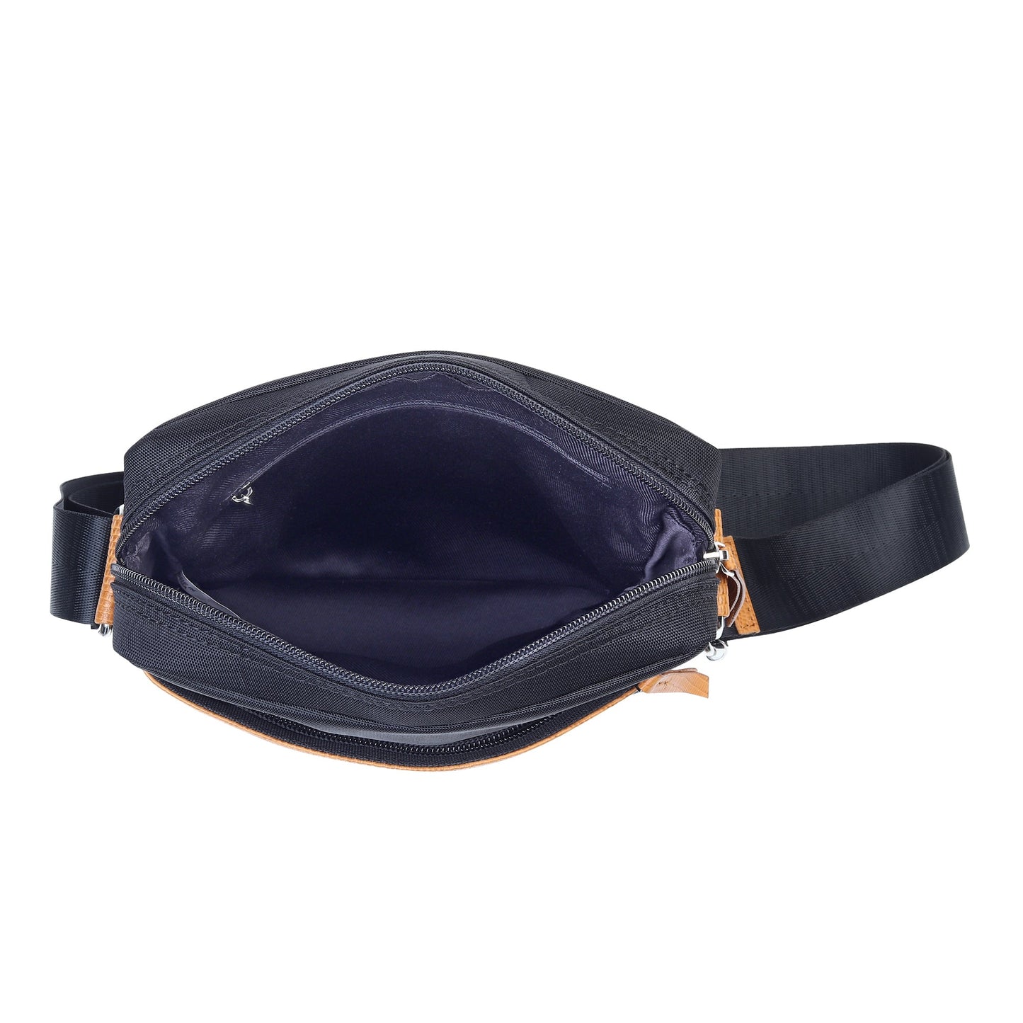 Navy-blue canvas sling bag with zipper opening and tan trim, worn as a crossbody