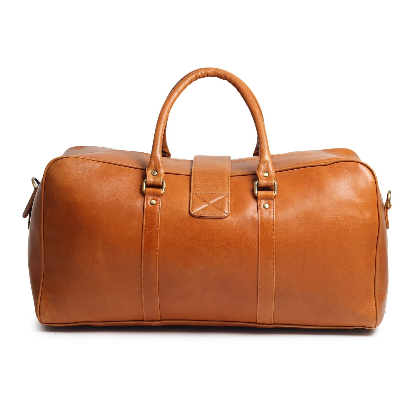 Leather duffel travel bag in tan with two top handles and front center panel