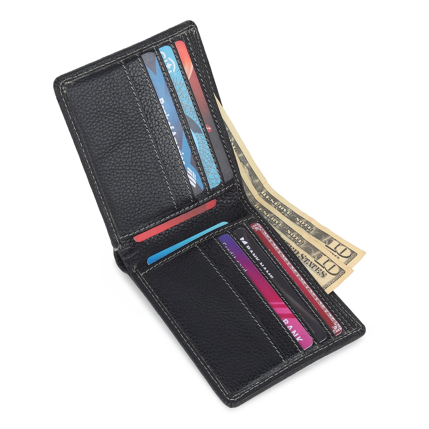 Black textured leather men's wallet with multiple card slots, open view