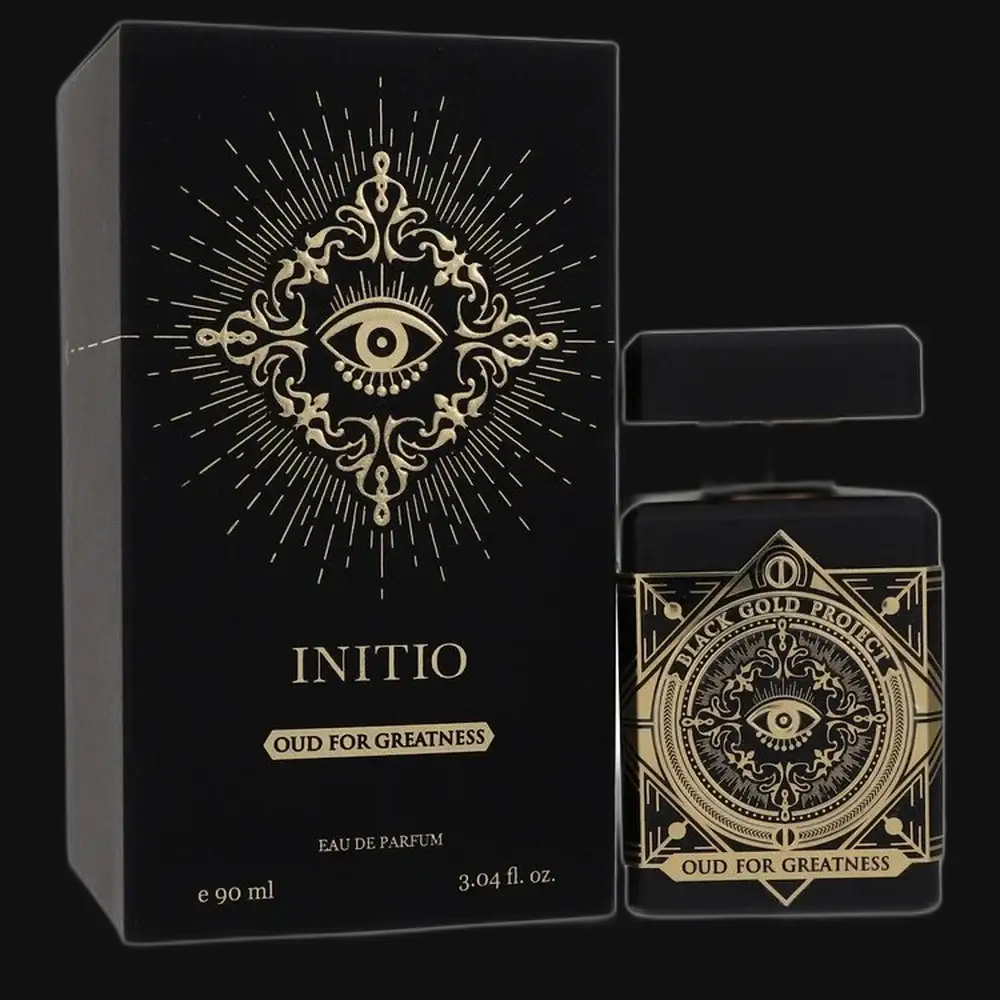 Eau de parfum box and bottle, 90 ml, black with gold ornate eye emblem
