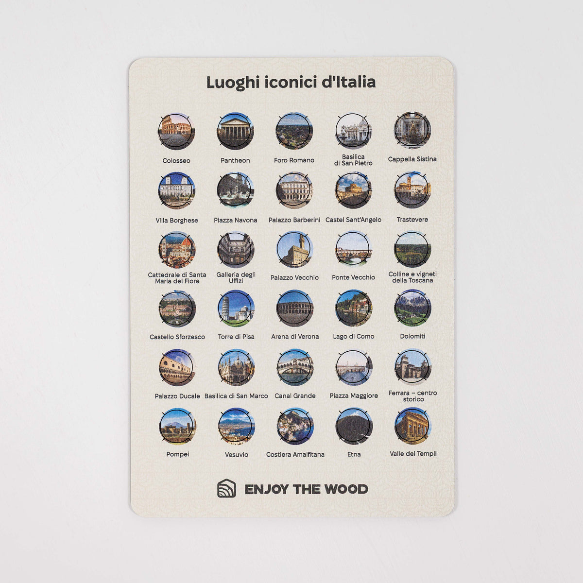 Italy landmarks pin display card with a grid of small circular monument pins