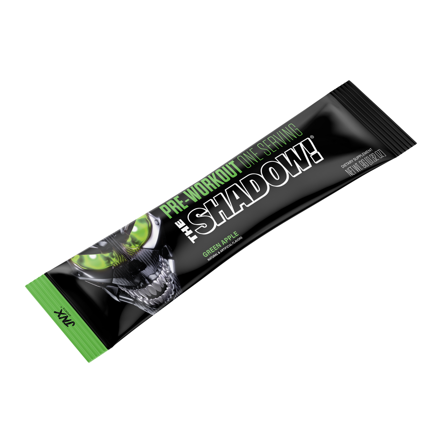 The Shadow! Pre-Workout stick, green apple flavor black tube with green end