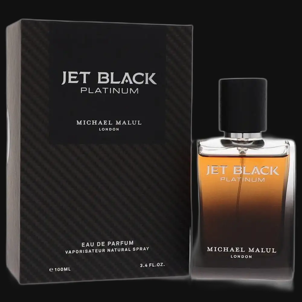 Men's Jet Black Platinum eau de parfum set: dark box and clear glass cologne bottle
