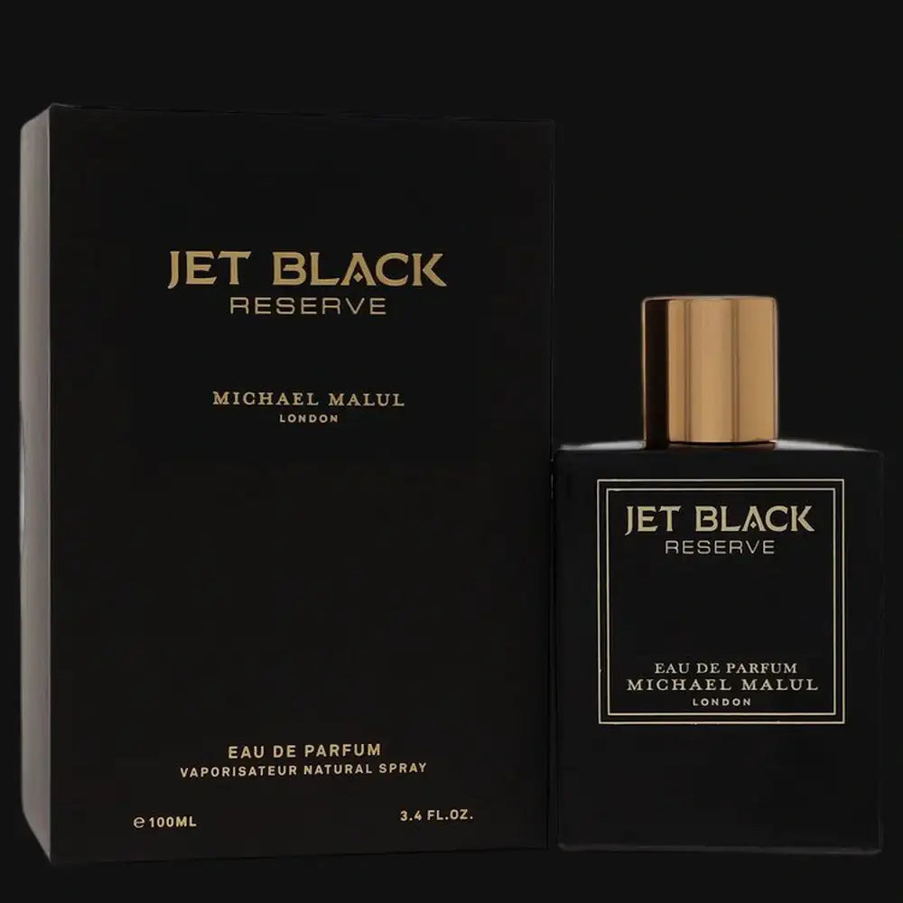 Men's Jet Black Reserve eau de parfum spray bottle with box, dark glass and gold cap