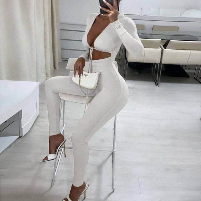 Jumpsuits Bandage Tie Sexy Hollow Out Long Sleeve Bodycon - Renee Lane Company
