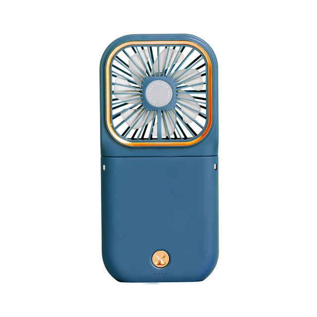 Mini cooling foldable fan in blue with square grille and orange-trim detail
