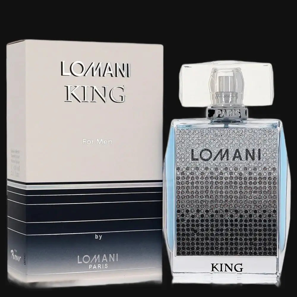Lomani King men’s cologne set: clear glass bottle with LOmani label and matching box