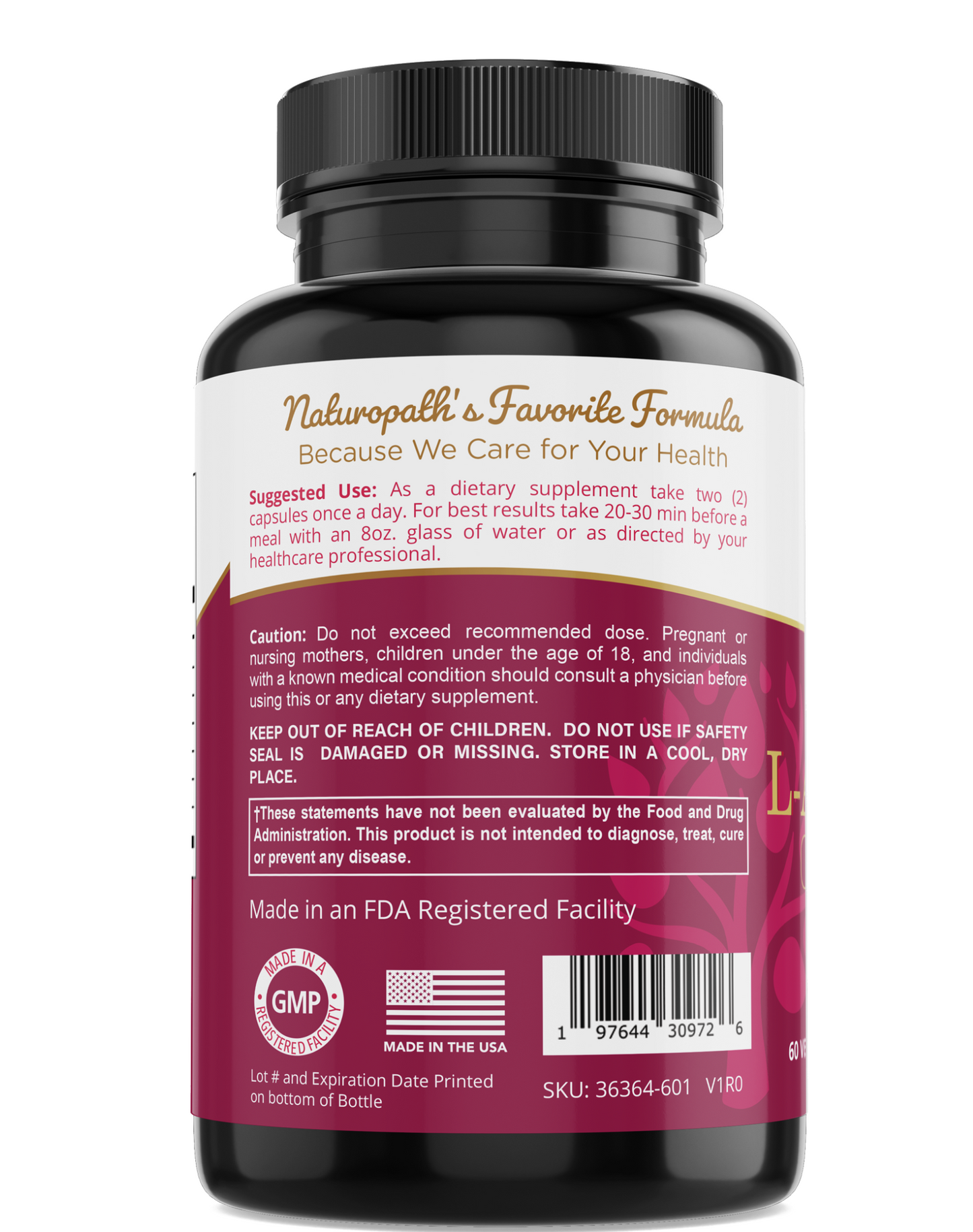 L-arginine dietary supplement bottle with side label and GMP badge