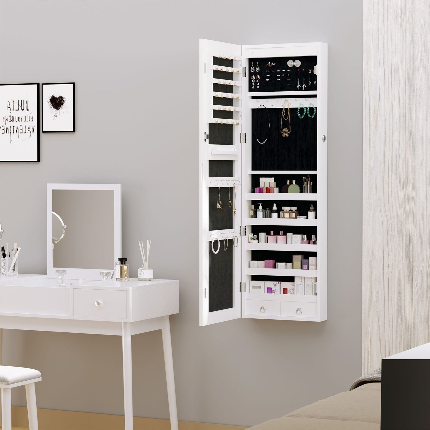 LED Lighted Mirror Jewelry Cabinet Wall Door Mounted Storage Organizer Armoire Wood Grain Gray - Renee Lane Company