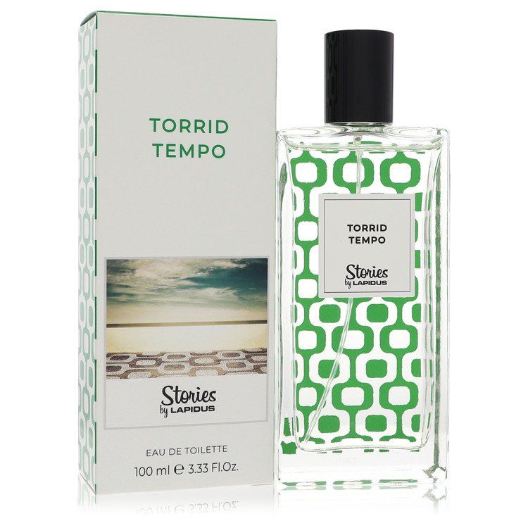 Eau de toilette spray with clear bottle, black cap, green patterned label, and box