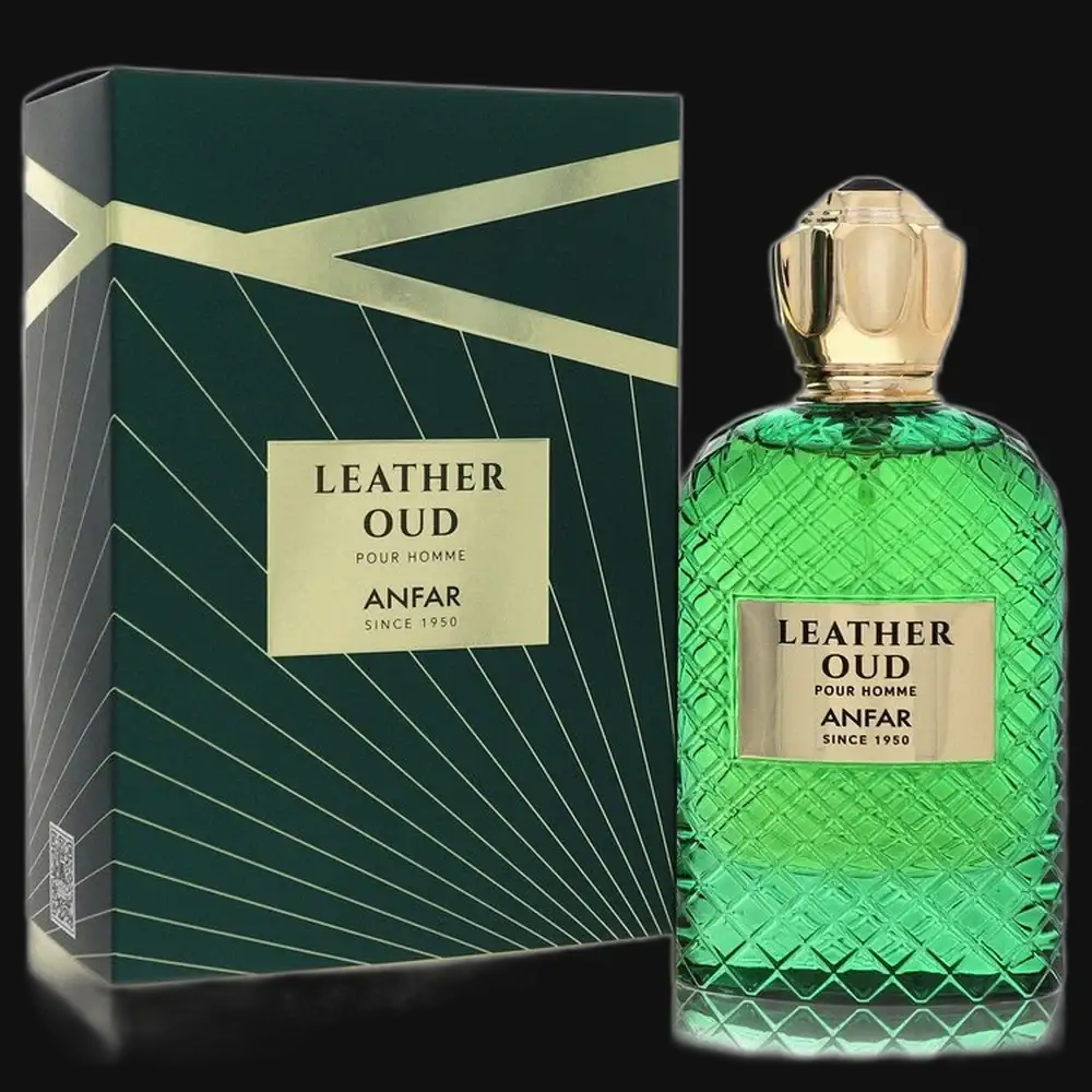 Anfar Leather Oud eau de parfum bottle in green glass with gold cap, with matching box