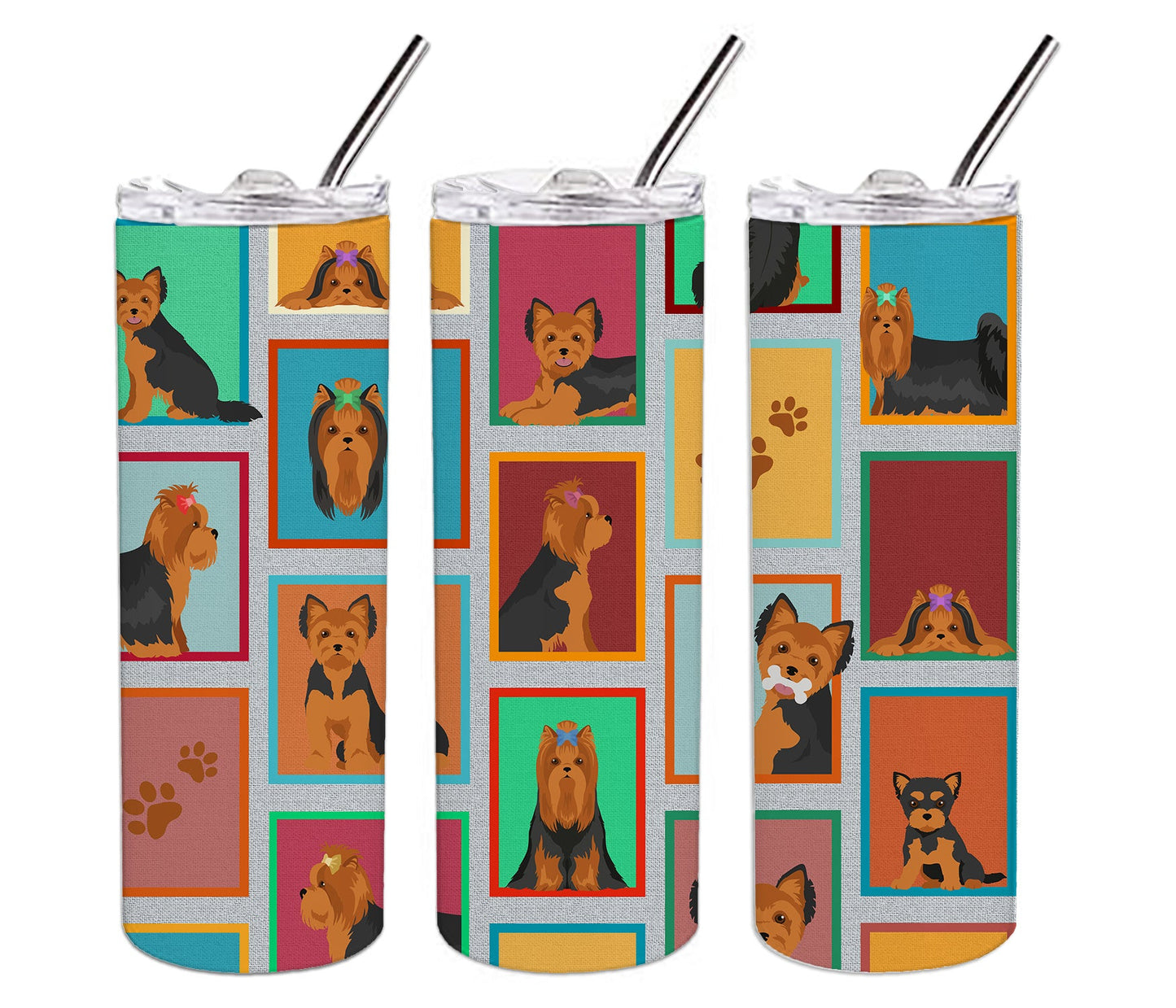 Lots of Black and Tan Yorkie Stainless Steel Skinny Tumbler Vacuum Double Walled Reusable Insulated Tumbler Travel Cup for Coffee Cocktails Gift with Lid, 20 oz - Renee Lane Company