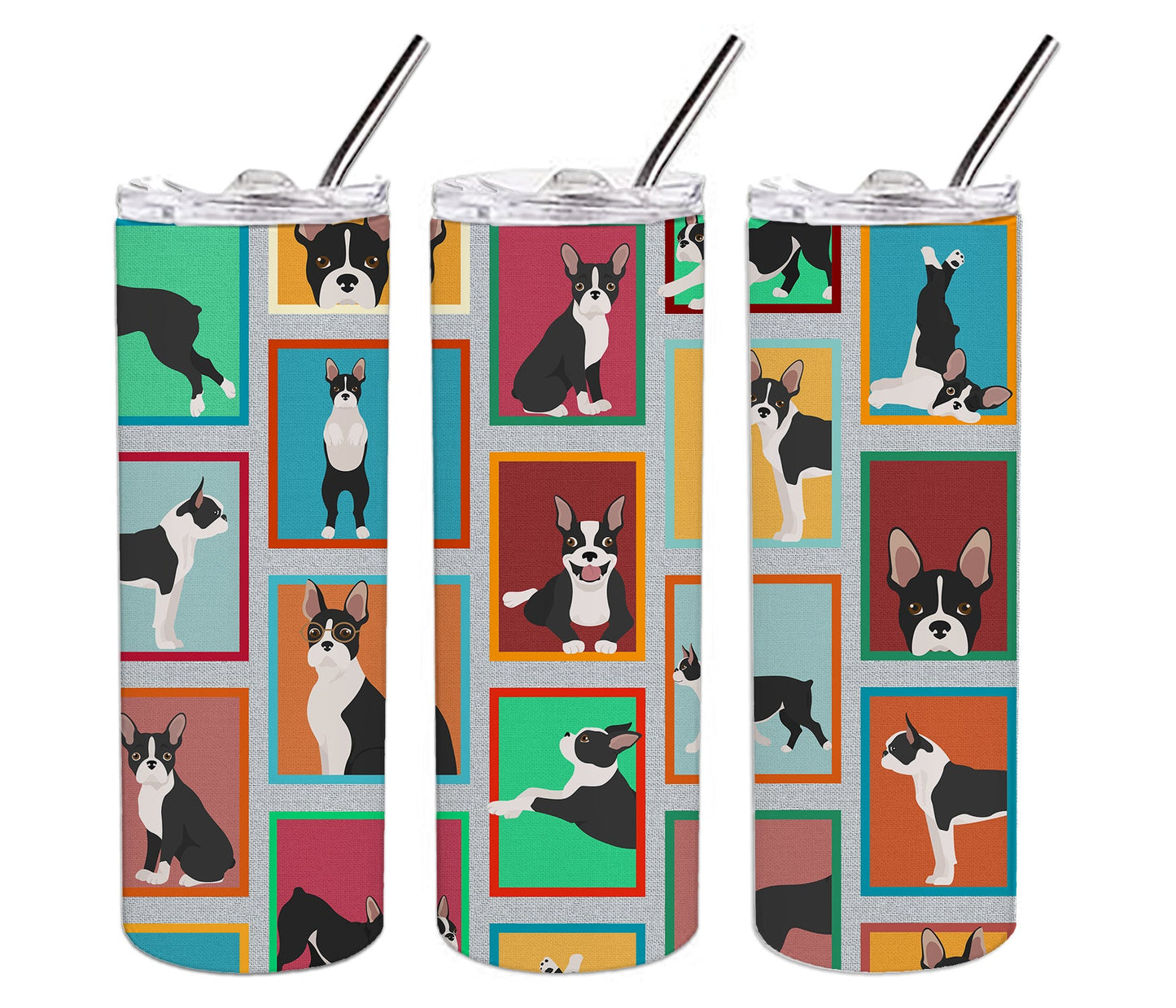 Lots of Boston Terrier Stainless Steel Skinny Tumbler Vacuum Double Walled Reusable Insulated Tumbler Travel Cup for Coffee Cocktails Gift with Lid, 20 oz - Renee Lane Company