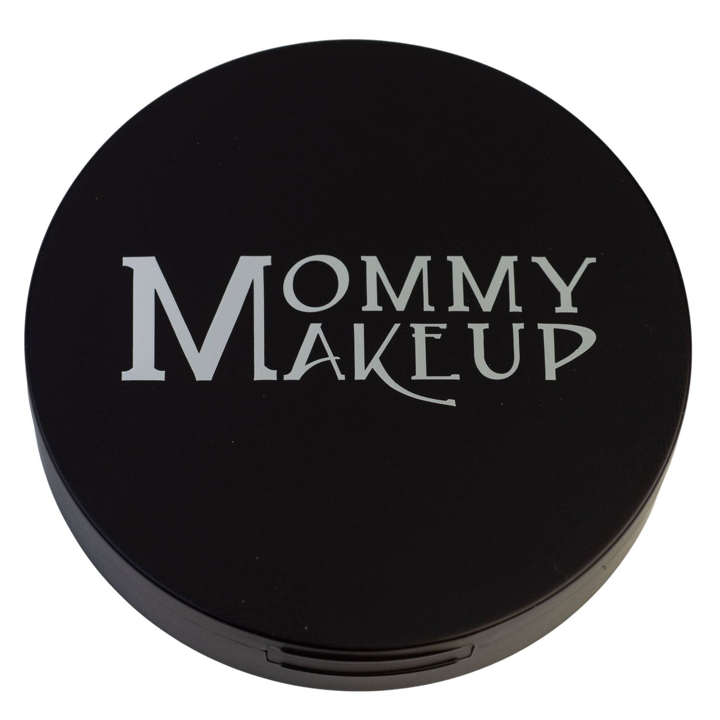 Black Mommy Makeup compact lid for pressed powder foundation, embossed logo.