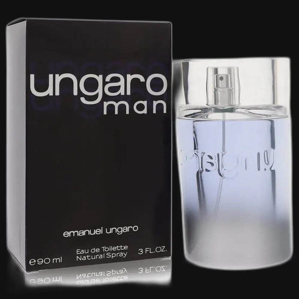 Men's eau de toilette cologne bottle with black box and silver spray cap