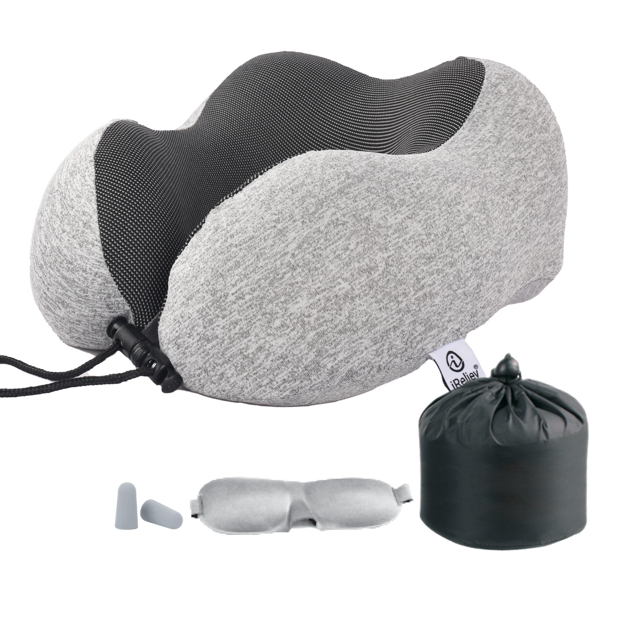 Memory foam travel pillow with gray neck cushion, eye mask pouch and earplugs