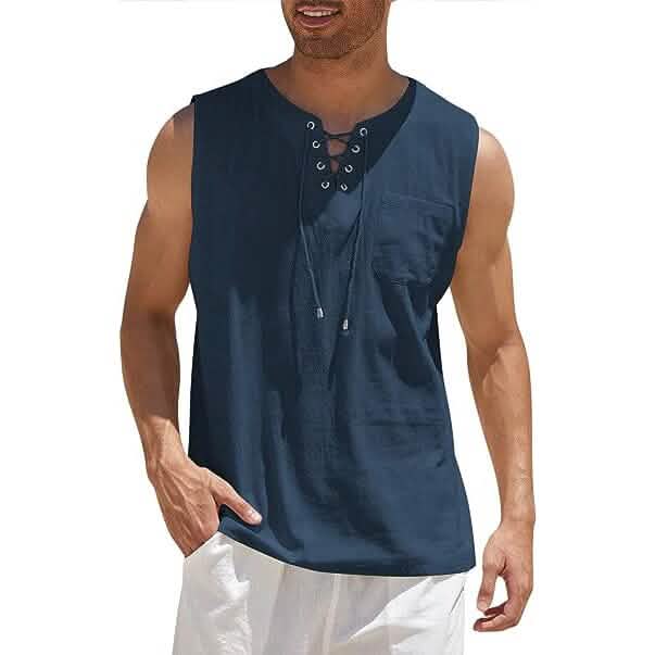 Men's Cotton Linen Tank Top Shirts Casual Sleeveless Lace Up Beach Hippie Tops Bohemian Renaissance Pirate Tunic - Renee Lane Company