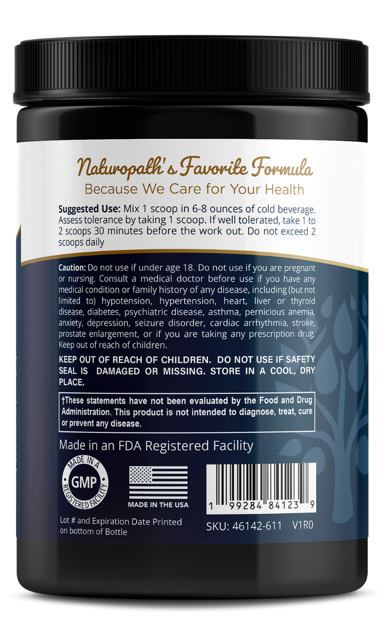Nitric oxide booster powder mix directions and warnings label on bottle back