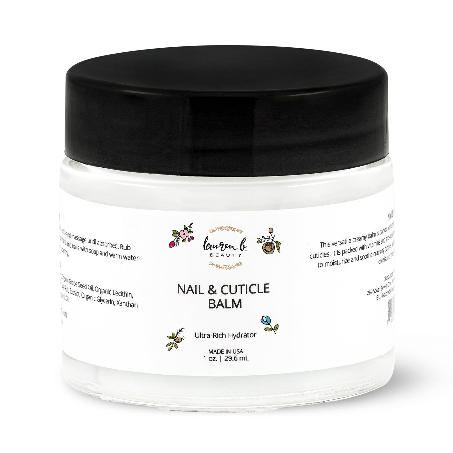 Nail and cuticle balm jar with black lid, white label