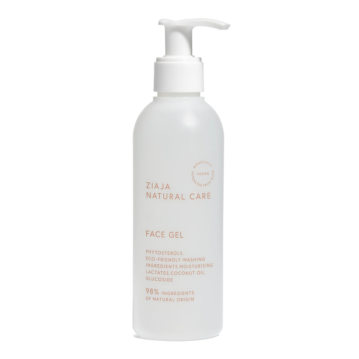 Natural Care face gel bottle with pump dispenser, white label