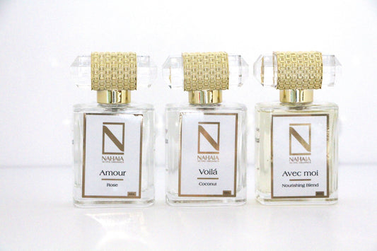 Natural Perfume Gift Set 3 × 1.76 fl oz Eau de Parfum A luxury trio of organic essential oil perfumes: Nourishing Blend, Rose, and Coconut. Natural, non-synthetic, sensual, and uplifting. - Renee Lane Company