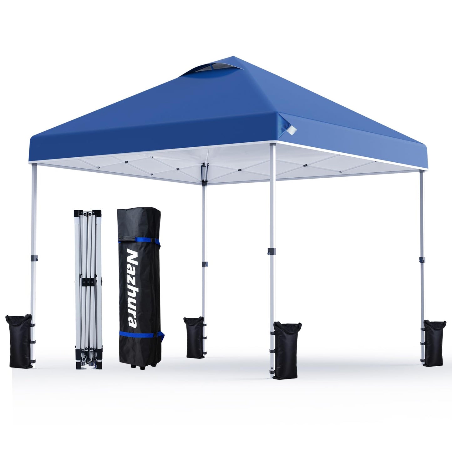 Nazhura 10 x 10 Pop Up Canopy Tent with Sand Weight Bag Freestanding Sun Shelter for Picnic and Camping One Person Setup and Height Adjustable (Blue) - Renee Lane Company