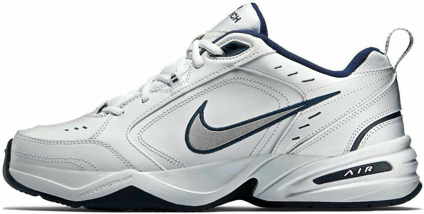 Nike Mens Air Monarch IV Walking Shoes White/Metallic Silver/Midnight Navy Size 11.5 - Renee Lane Company
