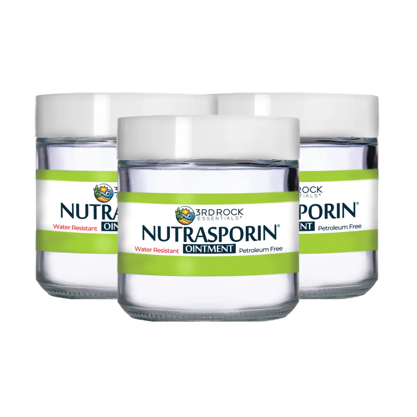 Set of Nutrasporin ointment jars with green Water Resistant Petroleum Free label